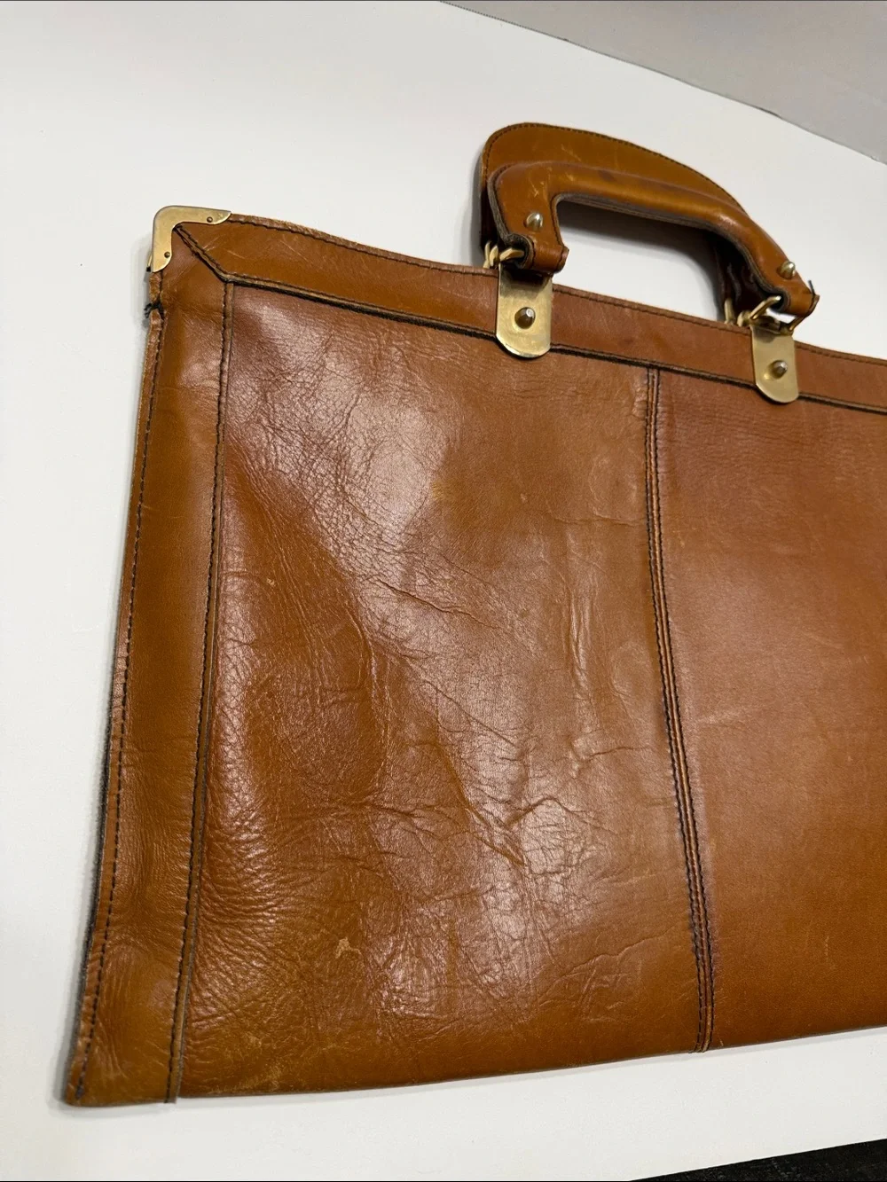 Men's Tan Leather Top-Handle Briefcase with Brass Accents